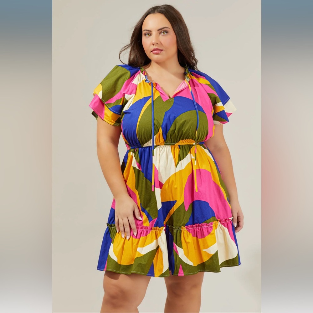 SUGARLIPS Curve Rio Abstract Riley Poplin Short Sleeve Dress NWT